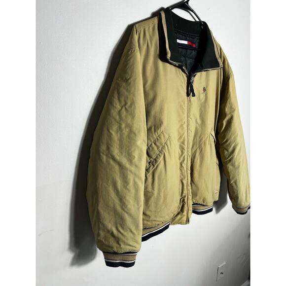 VTG 90s Tommy Hilfiger Reversible Bomber Jacket Tan Green L/XL Puffer Coat Y2K - Picture 3 of 16